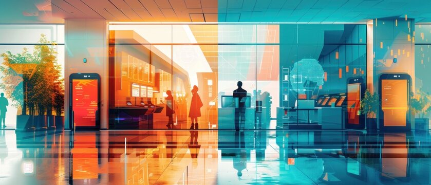 An image depicting the evolution from classic banking to AI-powered services. One side shows a traditional bank with human tellers assisting customers at counters, while the other side features a