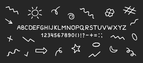Doodle hand-drawn. Charcoal scribble kid's alphabet font, numbers, flower, star, sun, moon, arrow, and shapes. Crayon's playful naive white and black texture vector set.	