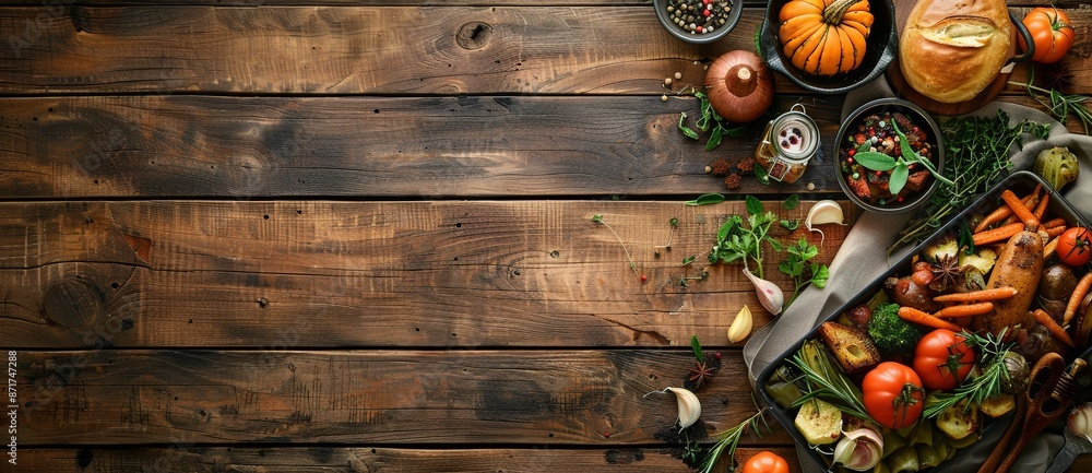 Poster A wooden table with a variety of food items including vegetables, meat