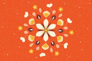 Floral design with flower in the center surrounded by petals, hearts and leaves. Vector illustration for print materials, decoration, textile.