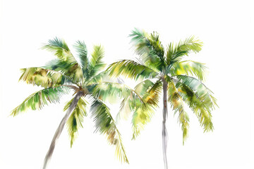 This watercolor painting shows two coconut palm trees growing on white background