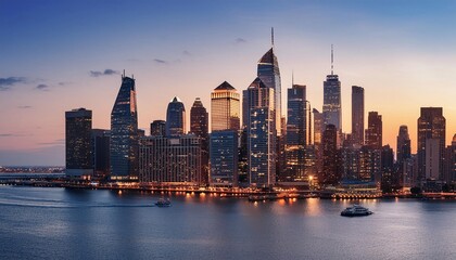 Obraz premium Dreamy cityscape with skyscrapers at Dusk Majestic City Skyline at Dusk