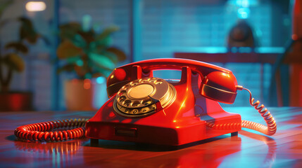 Old style vintage rotary telephone. Minimal retro 80's concept. Red old-fashioned phone on table at office. Antique store. 70s design.
