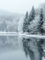 A winter wonderland with snow-covered trees and a frozen lake, ample copy space