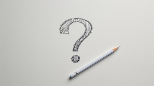 A pencil is on a white surface with a question mark drawn on it. The pencil is sharpened and ready to be used. Concept of curiosity and the desire to find answers to questions