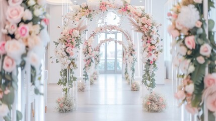 Elegant wedding aisle decorated with pastel flowers and greenery arches, creating a romantic and whimsical atmosphere. Luxurious celebration concept.