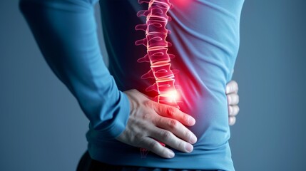 man suffering from lower back pain with spine illustration.