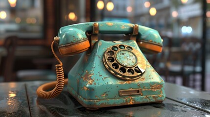 Old style vintage rotary telephone. Minimal retro 80's concept. Blue scratched old-fashioned phone on table at office. Antique store. 70s design.