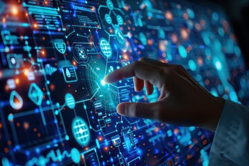 A hand is pointing at a screen with a blue background and a lot of lines