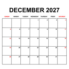 december 2027 with holydays or red dates. monthly calendar design with week starts on sunday. printable, simple, and clean vector design isolated on white background.