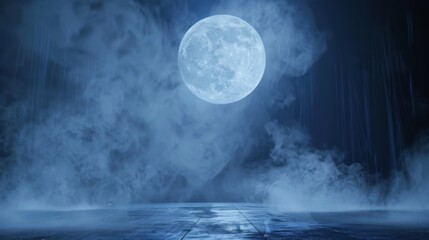 A full moon casts a luminous glow in a misty night sky above a tranquil body of water