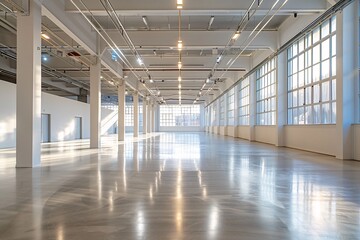 Fototapeta premium Large showroom characterized by its expansive, empty space and high ceilings, bathed in soft, natural lighting