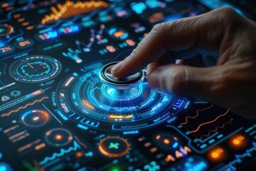 Obraz premium A hand is pressing a button on a screen with a blue circle in the middle