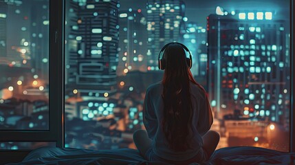 Obraz premium Girl wearing headphones listening to music looking down at the city