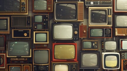 Many retro televisions. Vintage old fashioned TV. Seeing the past. Pattern wall of pile old Antique television (TV). Media background. © Ellionn