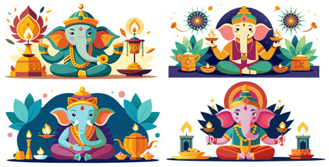 Naklejka premium Set of ganesha, the hindu god of wisdom, is depicted in a colorful illustration, holding traditional oil lamps, symbolizing the victory of light over darkness during the joyous festival of diwali