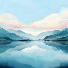 Serene Lake Reflections in Tranquil Mountain Landscape – Scenic Nature Illustration
