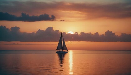 Lone sailboat cruising on a glassy ocean at the sunset moment.