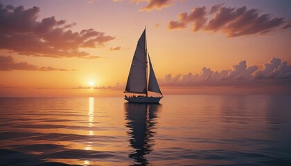 Lone sailboat cruising on a glassy ocean at the sunset moment.