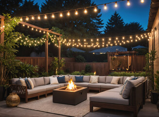 A stylish outdoor lounge with sectional seating, a fire pit, and string lights.