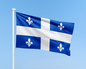 Fototapeta premium Quebec flag on stick on sky background. Realistic flag illustration