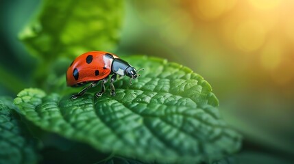 Obraz premium Highresolution image of a ladybug crawling on a fresh green leaf, exemplifying the symbiotic relationship between insects and plant life