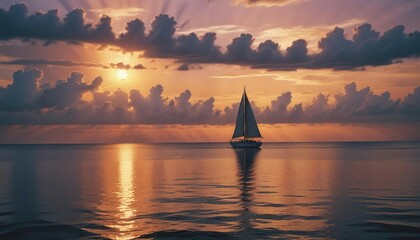 Fototapeta premium Lone sailboat cruising on a glassy ocean at the sunset moment.