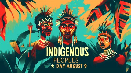 Flat illustration African and native American tribe together celebrate International Day of the World's Indigenous Peoples, August 9