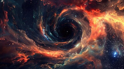 Obraz premium Black Hole Accretion Disks, A stunning, ultra-realistic photographic image of a colorful, swirling black hole in space, with vibrant reds, oranges, and blues, set against a backdro