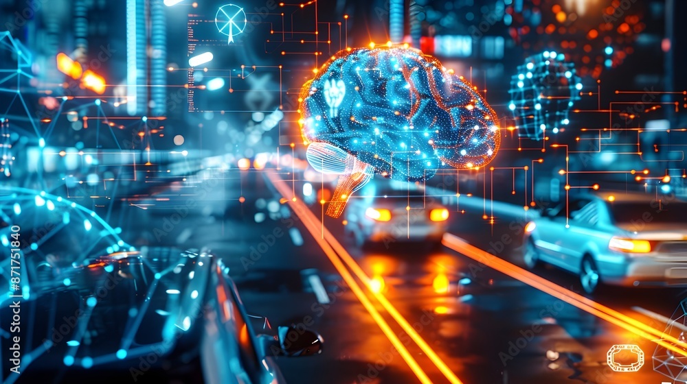 Aufkleber futuristic neural network patterns overlaying an urban traffic scene