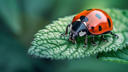 Obraz premium Highresolution image of a ladybug crawling on a fresh green leaf, exemplifying the symbiotic relationship between insects and plant life