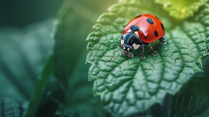 Fototapeta premium Highresolution image of a ladybug crawling on a fresh green leaf, exemplifying the symbiotic relationship between insects and plant life