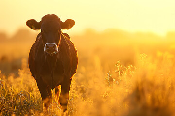 A black cow stands in a golden field during sunset, creating a serene and picturesque countryside scene.