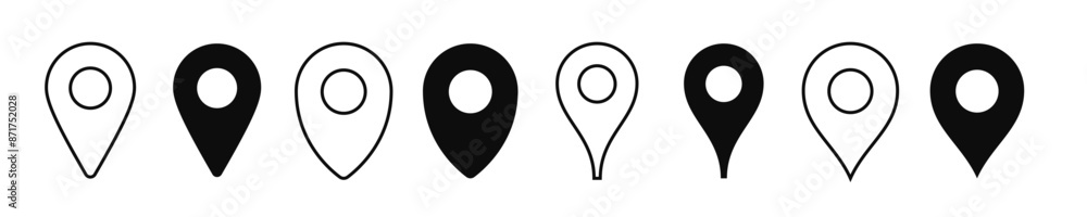 Poster pin locate icons for map destination or landmark gps address, line vector. location pin icons for he