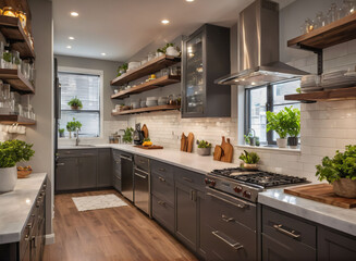 A contemporary kitchen with open shelving, quartz countertops, and subway tile backsplash.