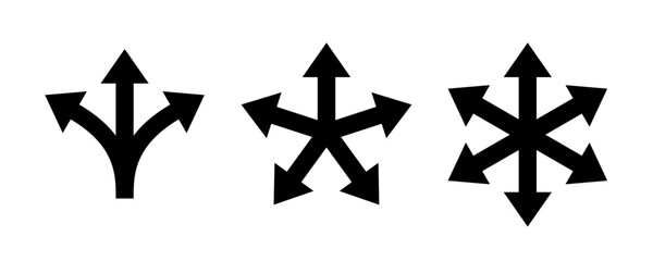 Arrow multiple direction icons. Vector three, five and six way arrows or option signs for infographic chart or presentation pointers