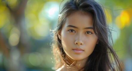 Fototapeta premium Serious Asian Woman Portrait: Young Girl Expressive Face in Outdoor Setting
