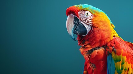 Fototapeta premium A colorful parrot against a solid cyan background, with space for text above