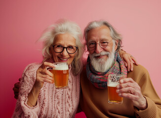 Happy senior couple over pink background holding cups with beers.