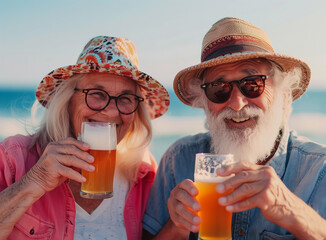 Happy senior couple over pink background holding cups with beers.