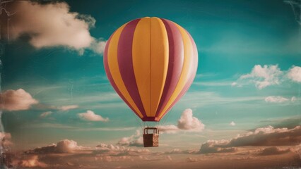 Fototapeta premium Stunning 3D vintage style rendering of a colorful hot air balloon soaring against a golden sunset background..