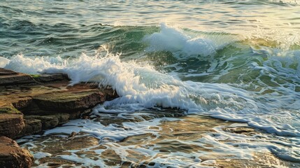 Obraz premium Vigorous waves cascading over rock shelf in early morning light