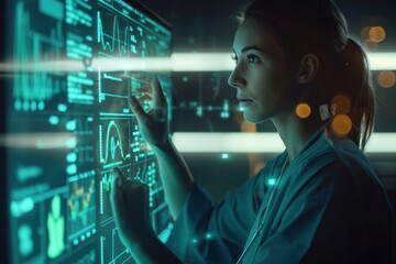 A woman is looking at a computer screen with a lot of numbers and graphs