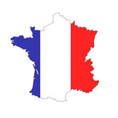 Hand drawn map of France with national French flag. Silhouette, Europe geography. Vector isolated on white background. 	
