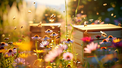 Beehive apiary bees and flowers in the meadow. Generative AI,