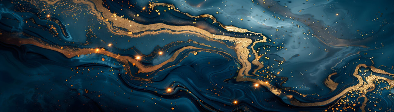 painted background with mixed liquid blue and golden paints; abstract fluid acrylic painting; navy blue marble with gold; luxury backgrounds; modern art /  paint; widescreen backdrop