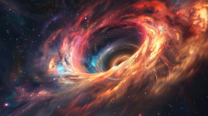 Obraz premium Black Hole Accretion Disks, A stunning, ultra-realistic photographic image of a colorful, swirling black hole in space, with vibrant reds, oranges, and blues, set against a backdro