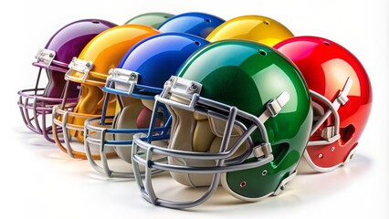 Vibrant row of futbol helmets in assorted colors on a white background, showcasing team spirit and athletic competition