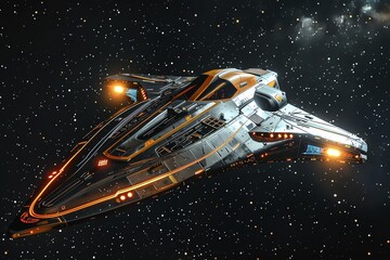A futuristic spaceship soaring through a starry galaxy against a deep space black background, with room for customizable text on the bottom
