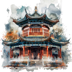 Chinese Style Ancient Architecture Watercolor Stickers Isolated on Transparent or White Background, PNG